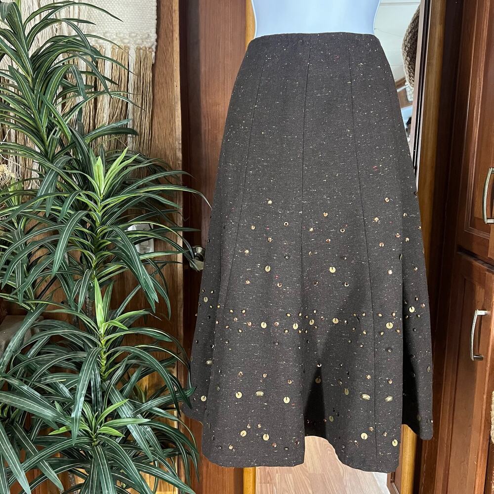 Coldwater Creek Studded Twill Skirt XS 4 Wool Blend A-Line Brown Knee Length NWT